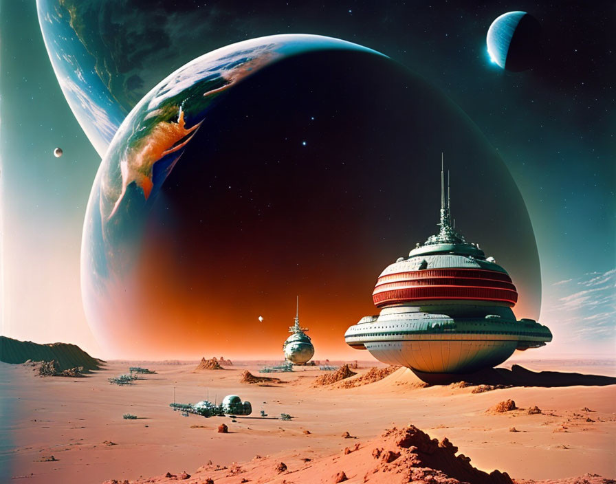 Red desert planet with futuristic buildings under starry sky