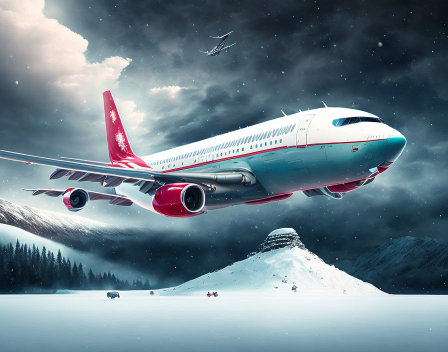 Nighttime Takeoff: Commercial Airplane Soars Over Snowy Mountain
