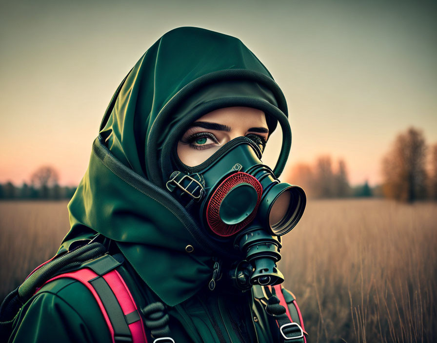 Person in Green Hood and Gas Mask Stands in Field at Dusk