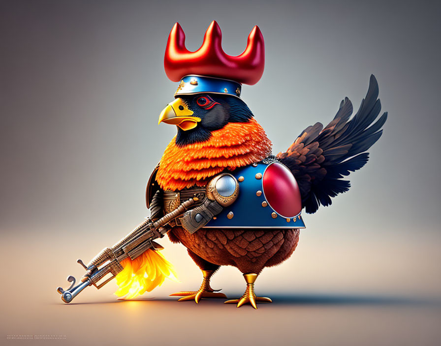 Chicken in armor with crown and flamethrower illustration