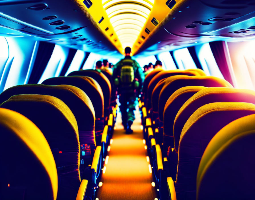 Airplane Interior: Rows of Yellow Seats and Passenger Under Overhead Compartments