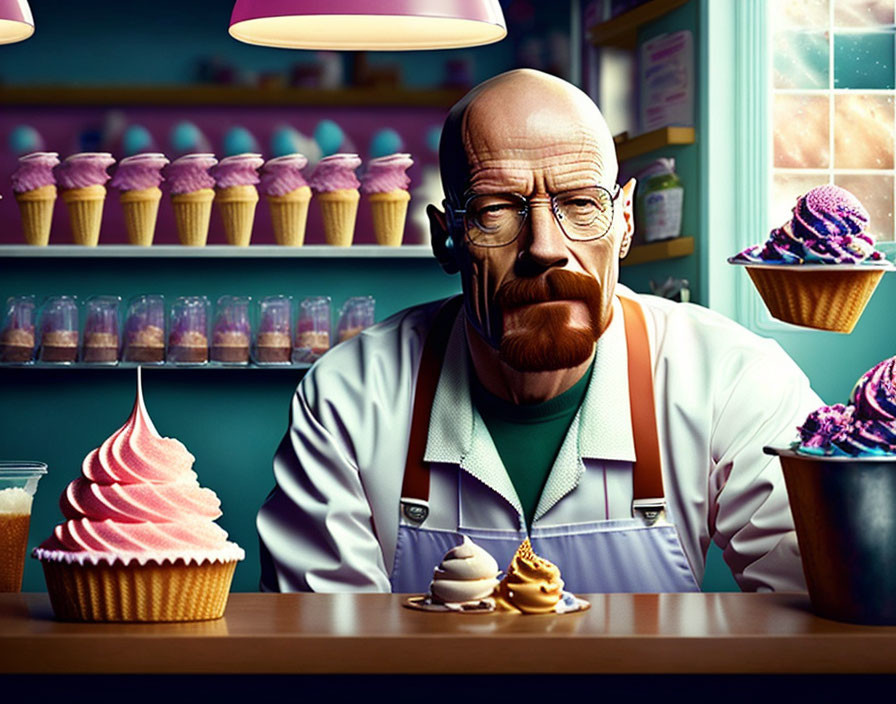 Man in lab coat with cupcakes in whimsical shop counter