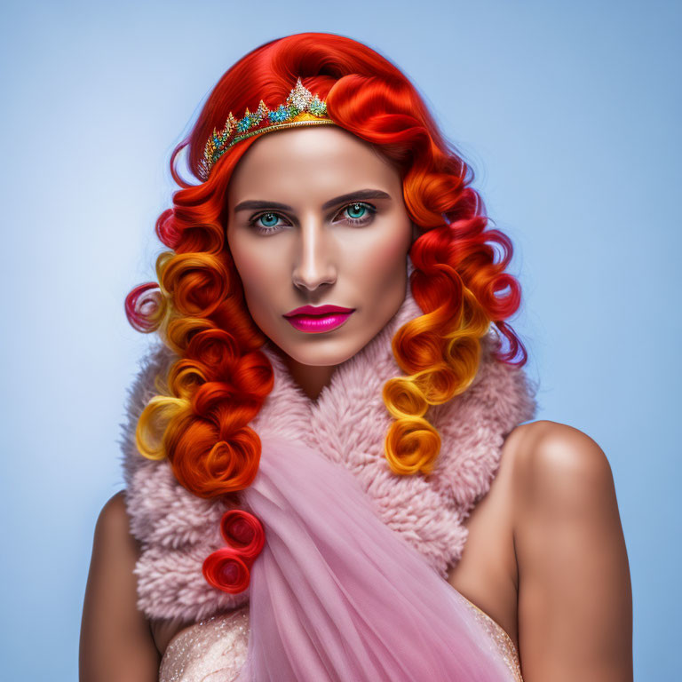 Vibrant red-haired woman with golden crown and pink lipstick on blue background