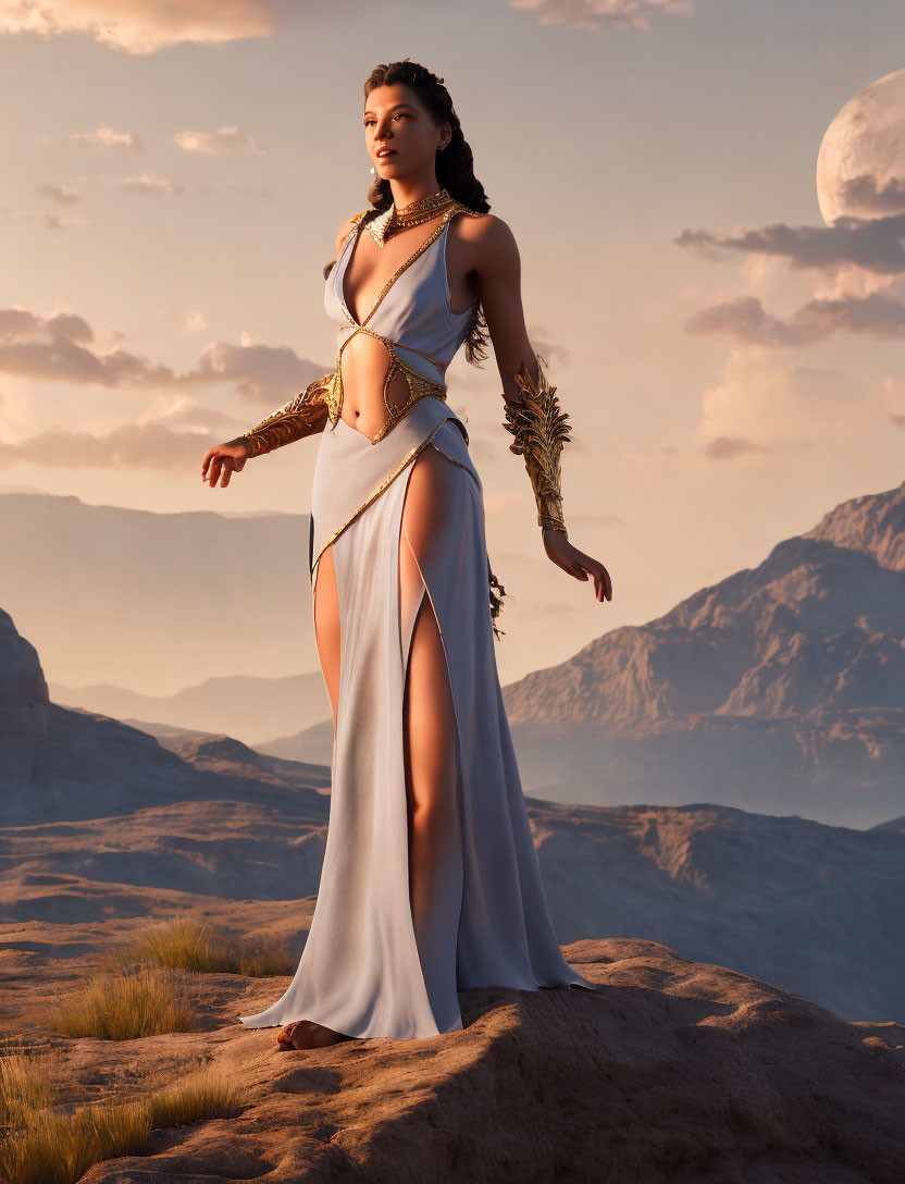 Woman in elegant white dress in desert landscape at dusk with large moon