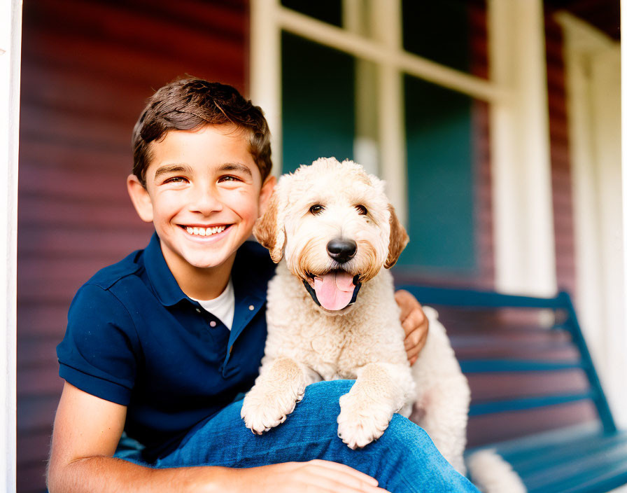 Smiling Boy with Fluffy Dog on Bench in Front of House