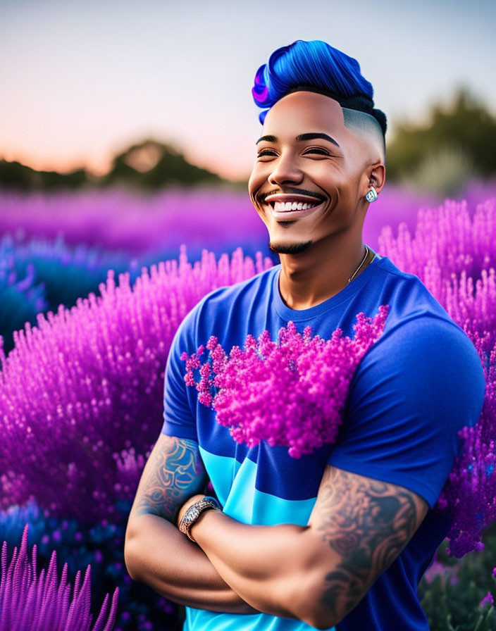 Blue-haired person with tattoos smiling in purple flower field wearing blue t-shirt