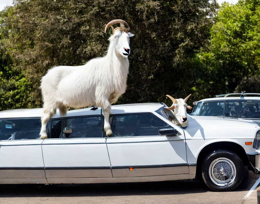 White goats on limousine in parking area with greenery background