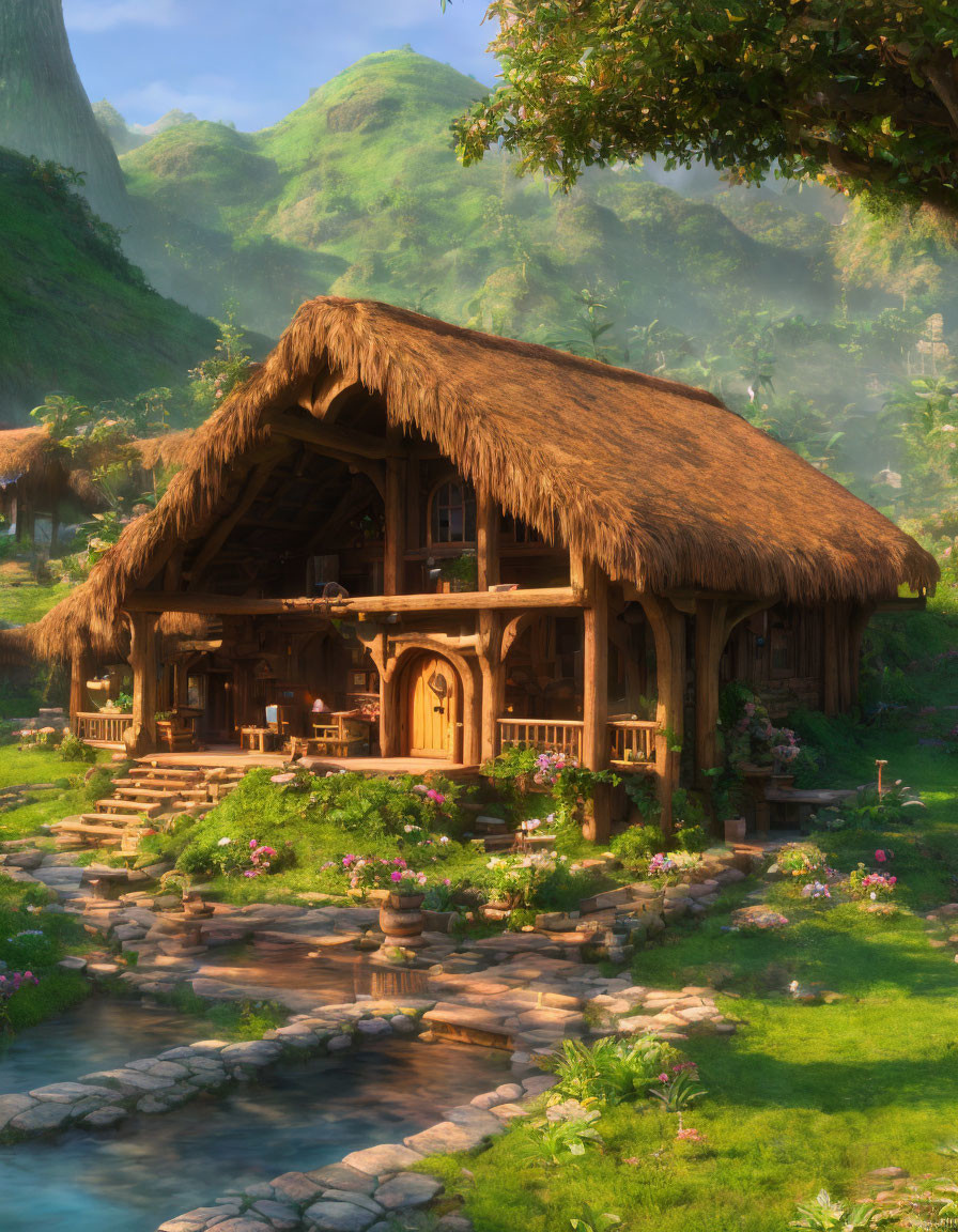 Tranquil forest cottage with thatched roof, stream, lush greenery, flowers, and mountains