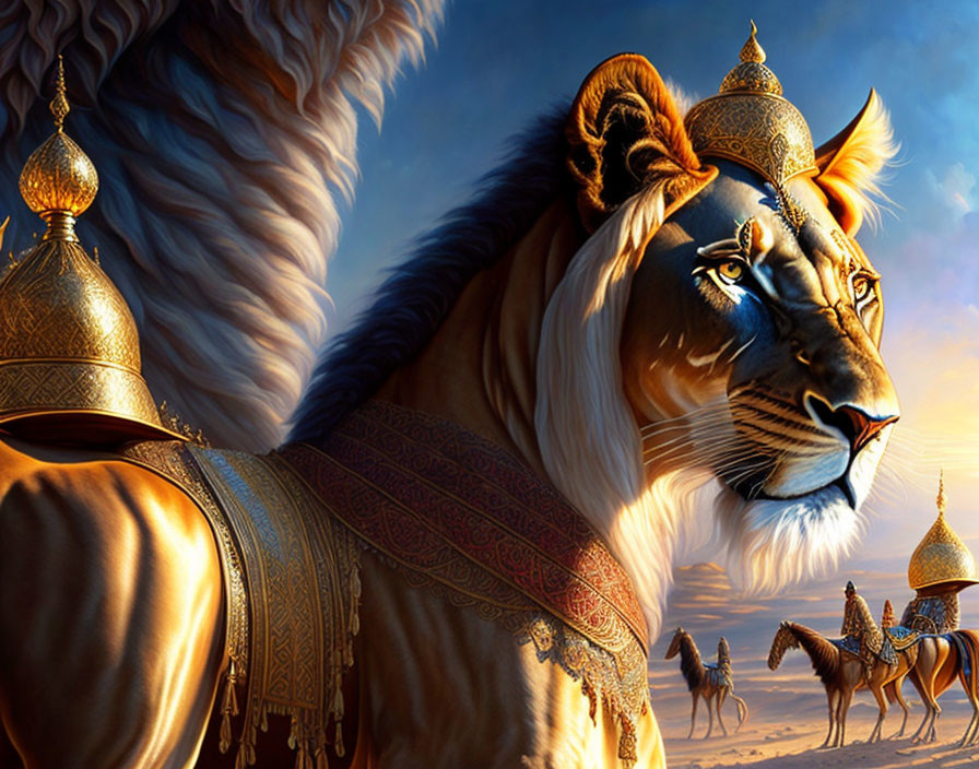 Regal lion in golden armor with blue eyes, tiny figures on horseback in background at dusk