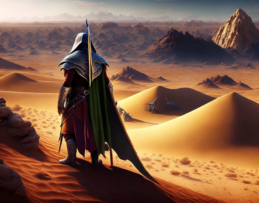 Mysterious figure with sword in desert landscape