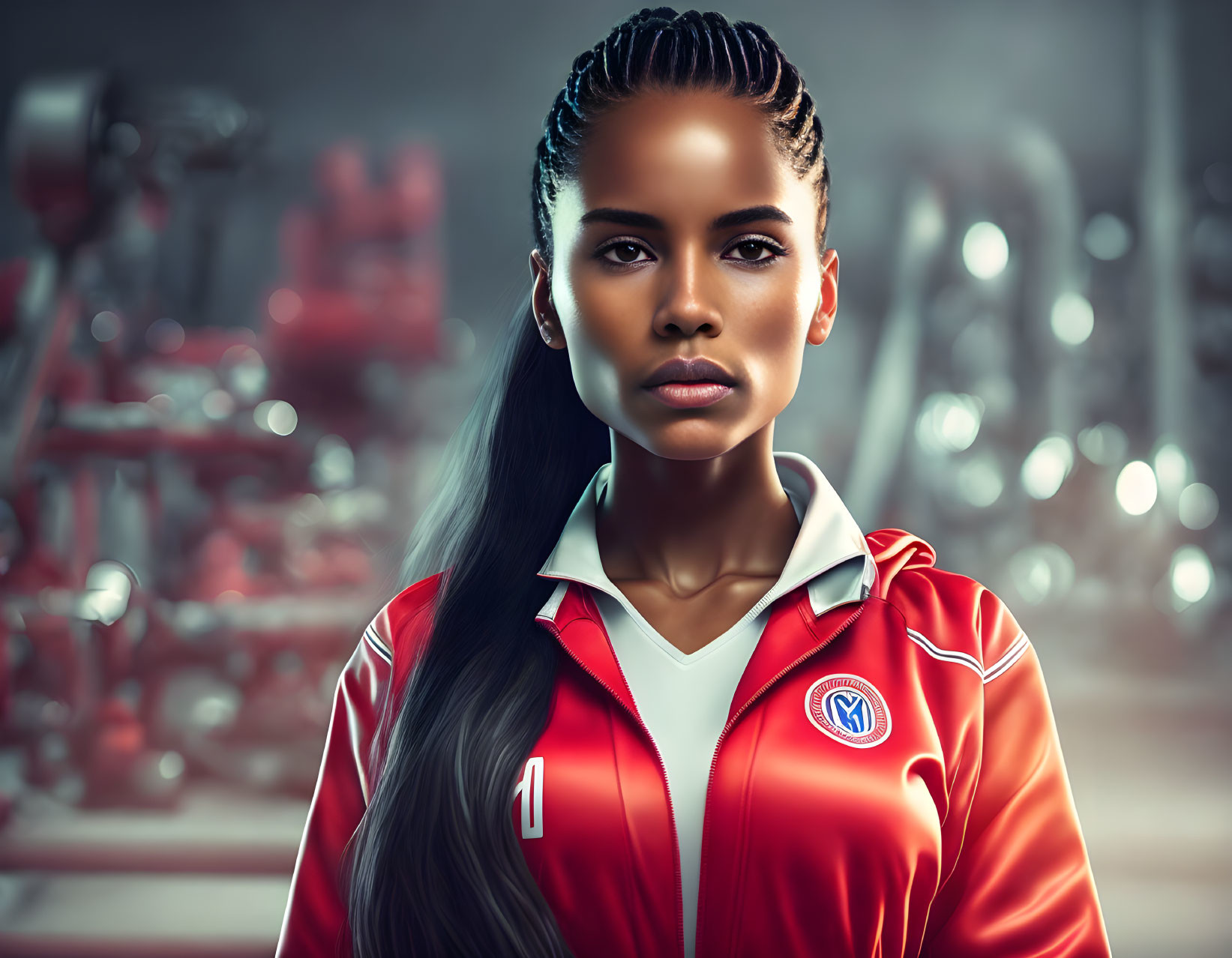 Confident woman in red and white sport jacket at gym