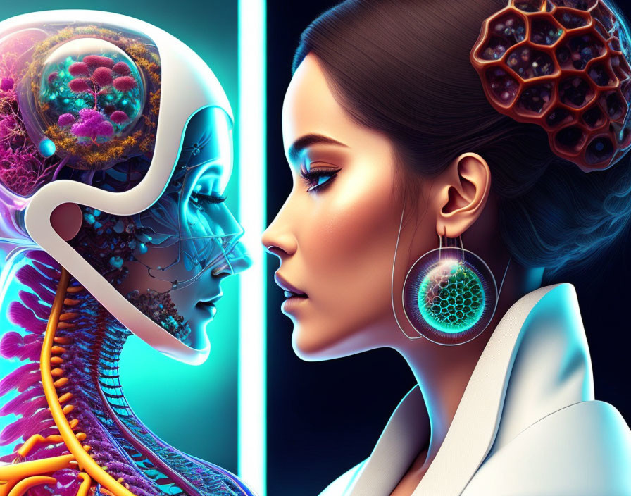 Digital artwork showcasing contrast between human woman and robotic counterpart