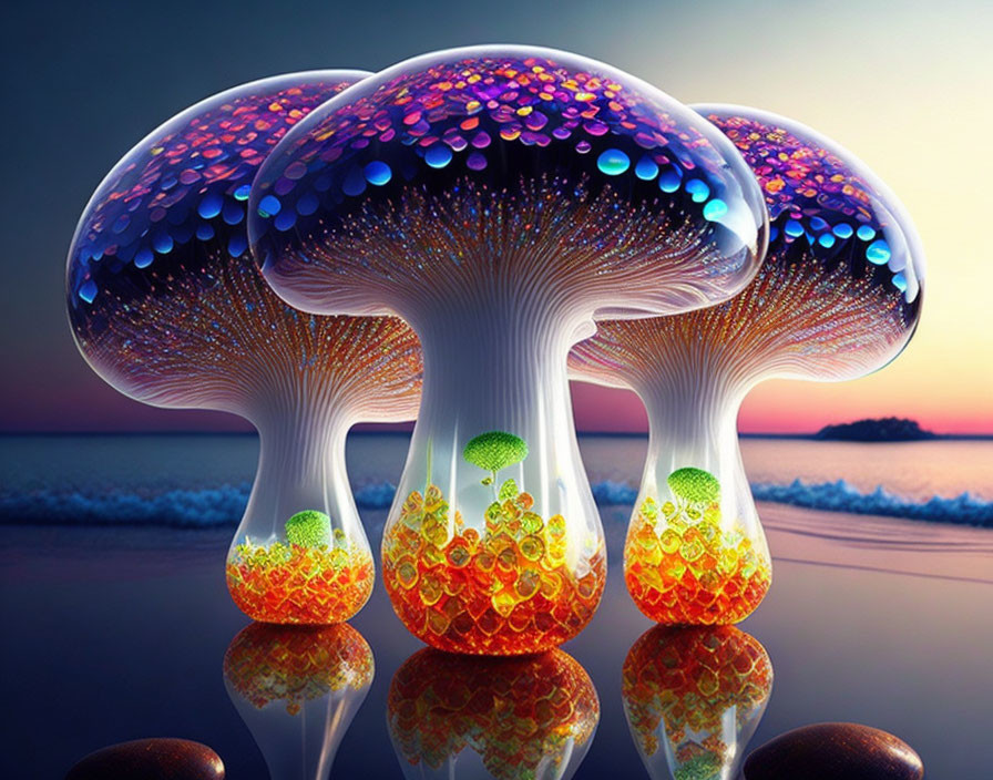 Colorful Glowing Fantasy Mushrooms on Beach at Sunset