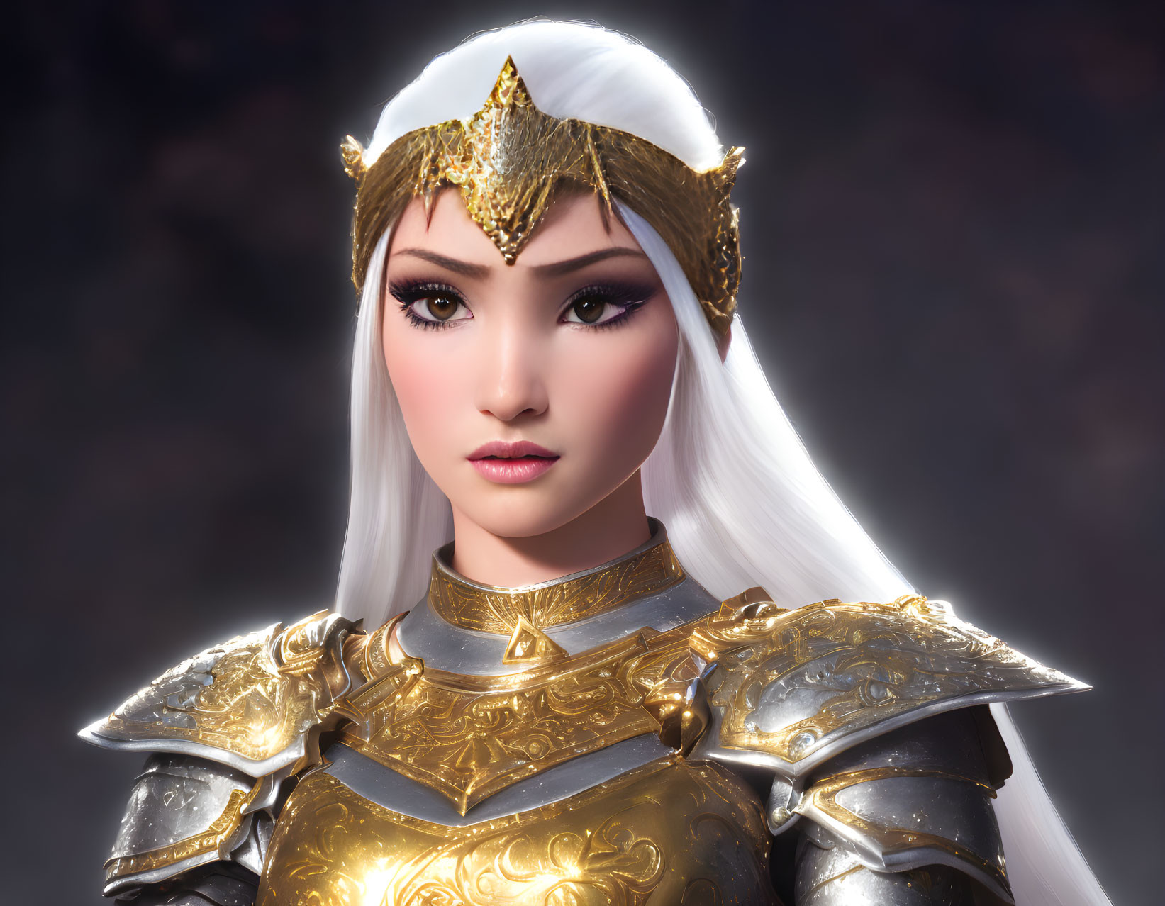 Warrior with Long White Hair in Golden Armor & Crown on Muted Background