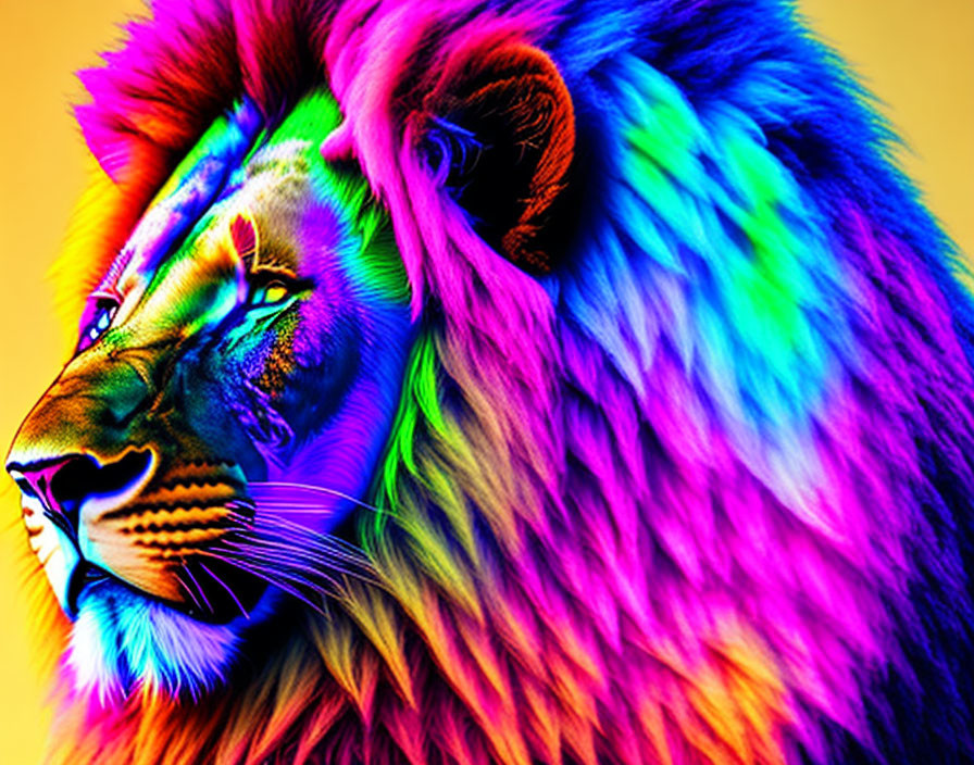 Vibrant lion portrait with rainbow mane on yellow-orange backdrop