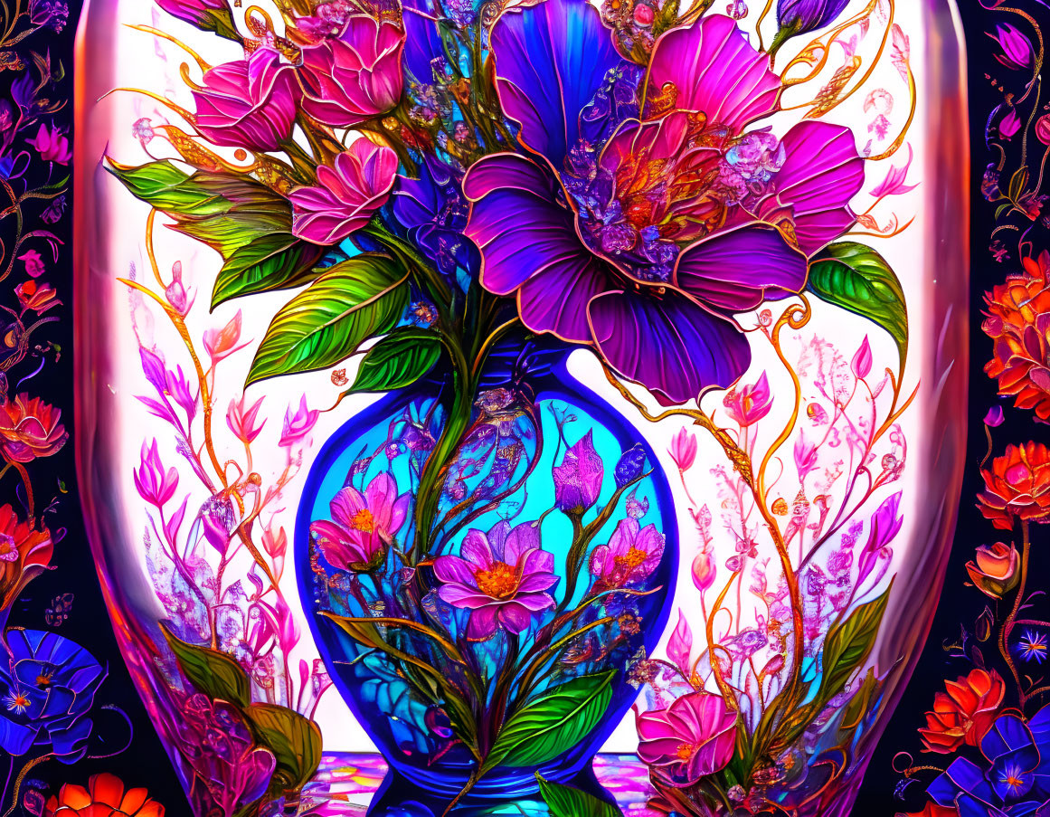 Colorful digital artwork: bouquet of flowers in blue vase with neon colors.