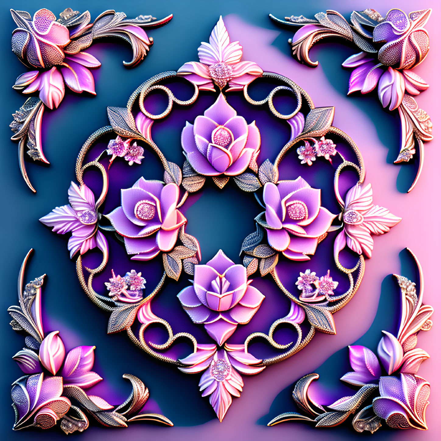 Symmetrical digital artwork: Purple and pink lotus flowers with gold details