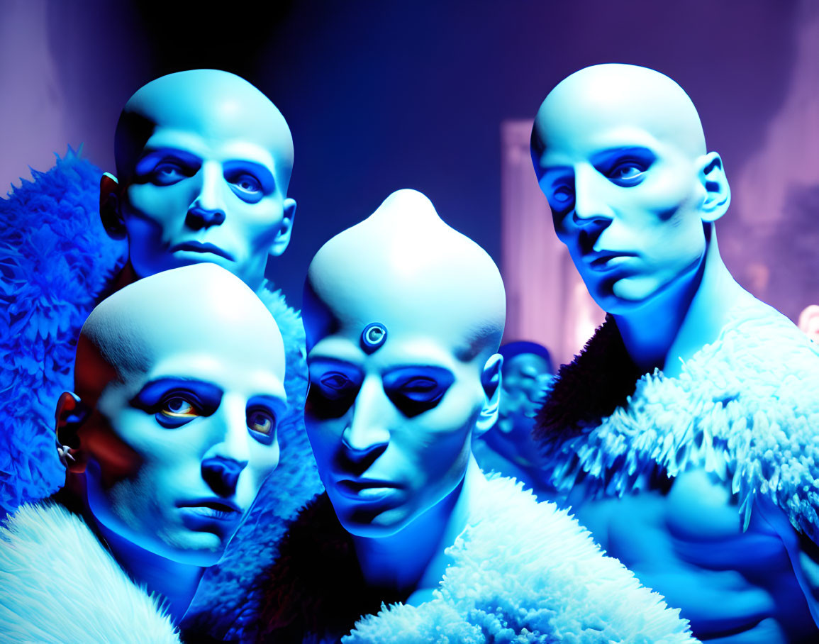 Four performers in blue with bald caps and dramatic makeup under blue lighting.