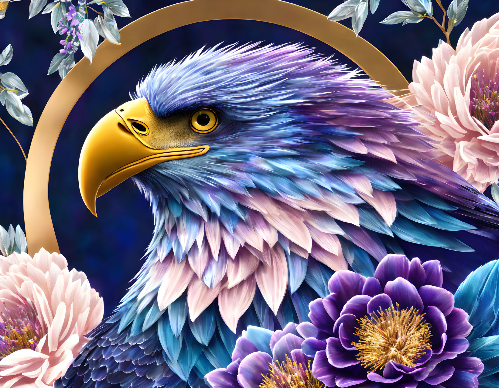 Colorful eagle illustration with flowers and golden ring