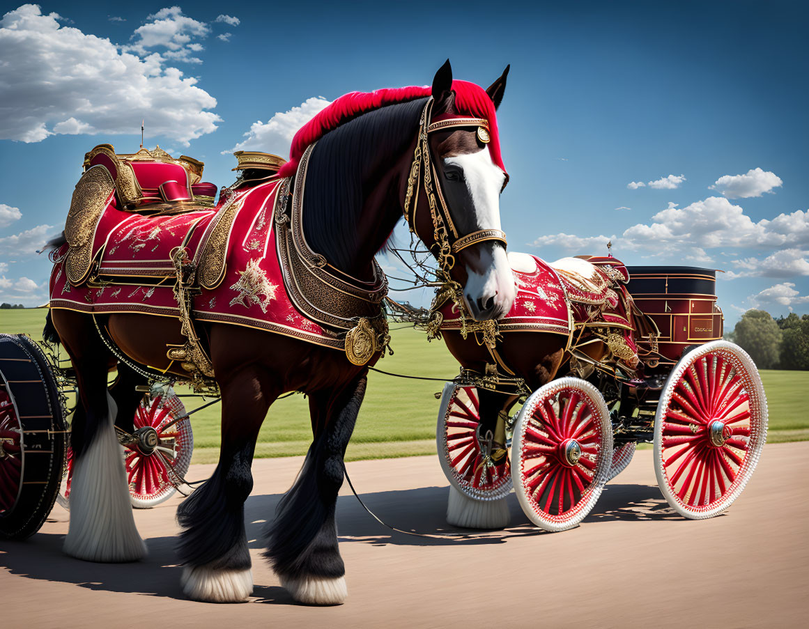 Majestic horse in red and gold harness pulling carriage under blue sky