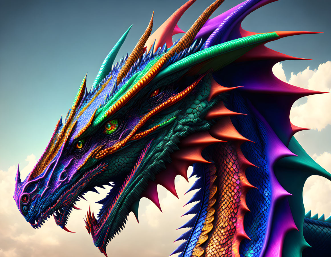 Detailed dragon illustration: vibrant blue and orange scales, sharp horns, piercing eyes on cloudy background