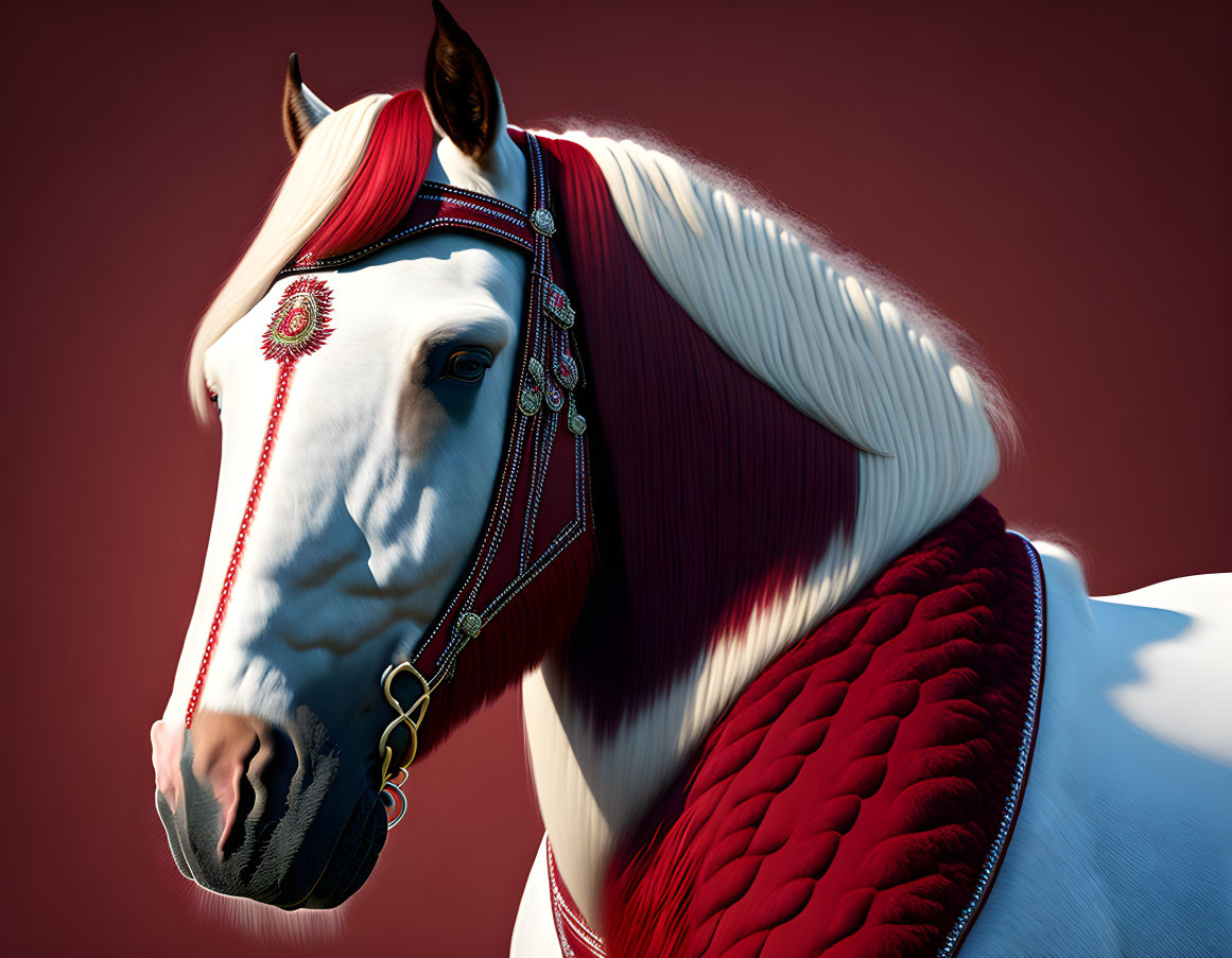 White horse with red and gold bridle and groomed mane on red background