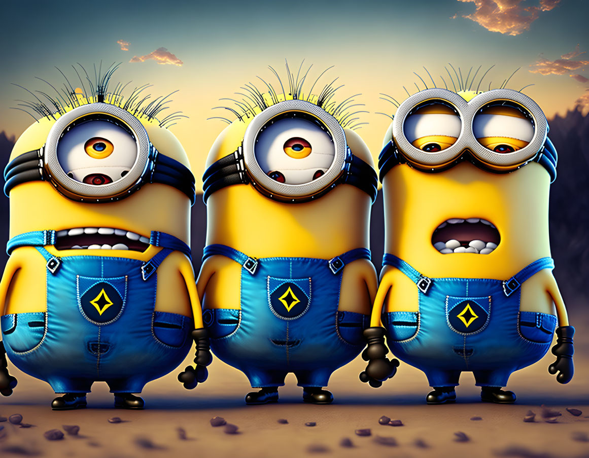 Three Minions with different expressions under twilight sky