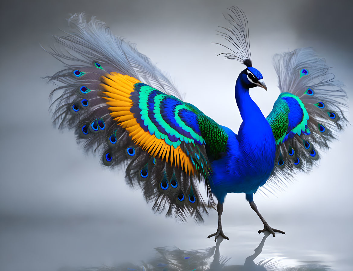 Colorful Peacock Displayed on Mirrored Surface