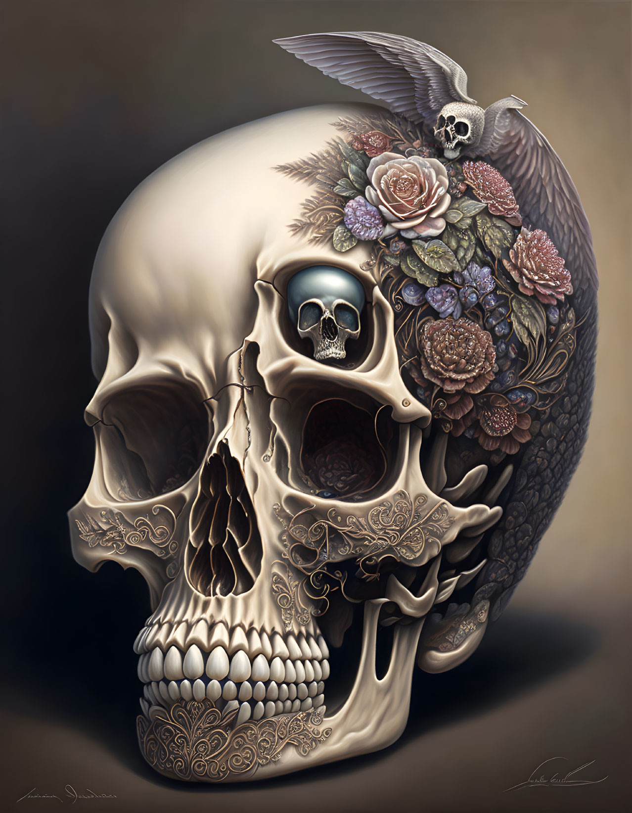 Surreal art: Large skull, small skull, flowers, perched owl