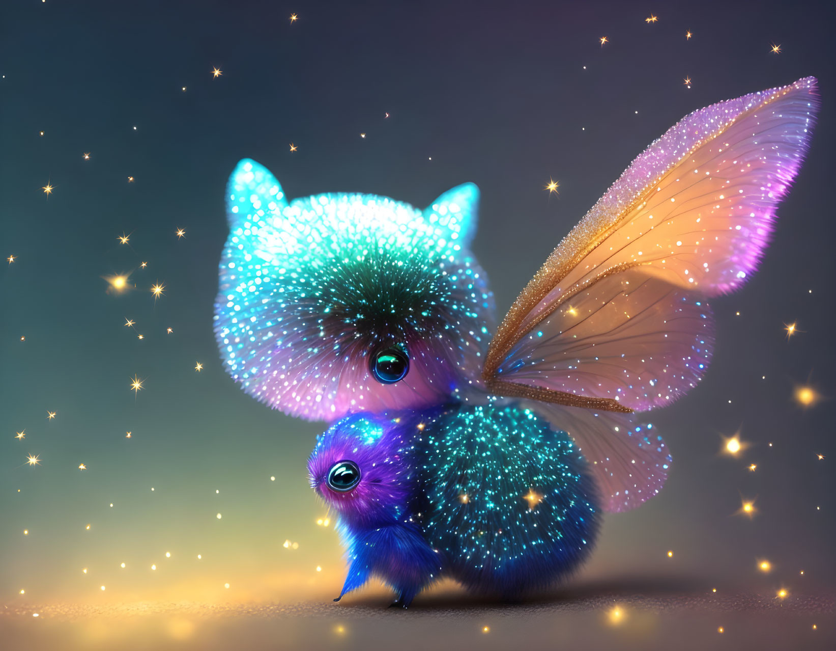 Fuzzy creature with butterfly wings and sparkling eyes in starlit scene