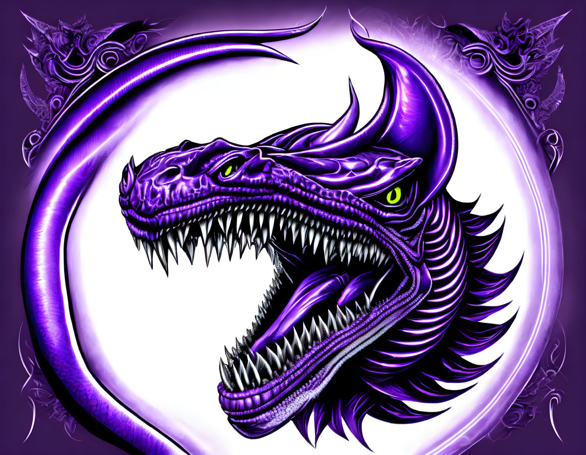 Purple dragon with glowing green eyes in ornate silver frame.