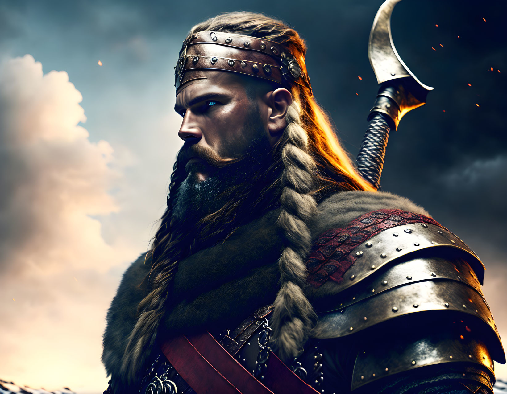 Viking warrior with braided beard, helmet, armor, and axe under dramatic sky