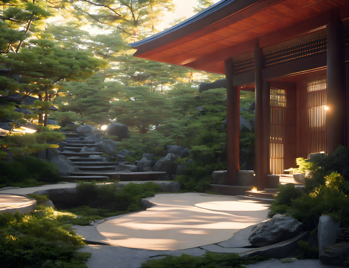 Tranquil Japanese garden at dusk with red pagoda and lanterns