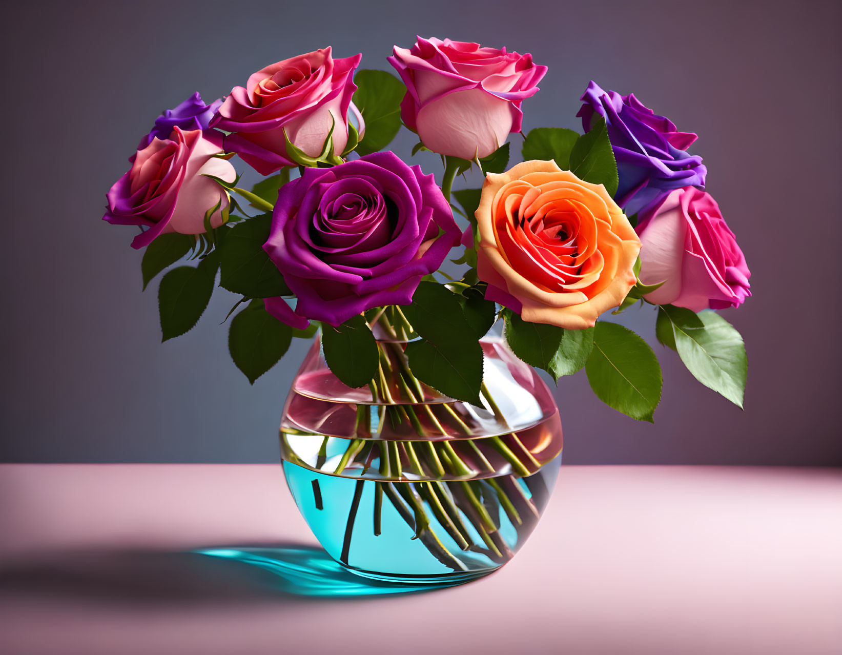 Colorful Rose Bouquet in Round Glass Vase with Shadow