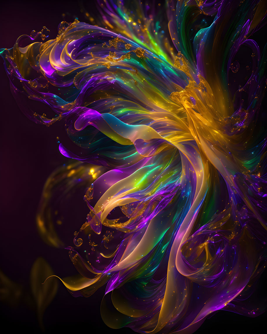 Vibrant abstract swirl with luminous trails and golden accents.