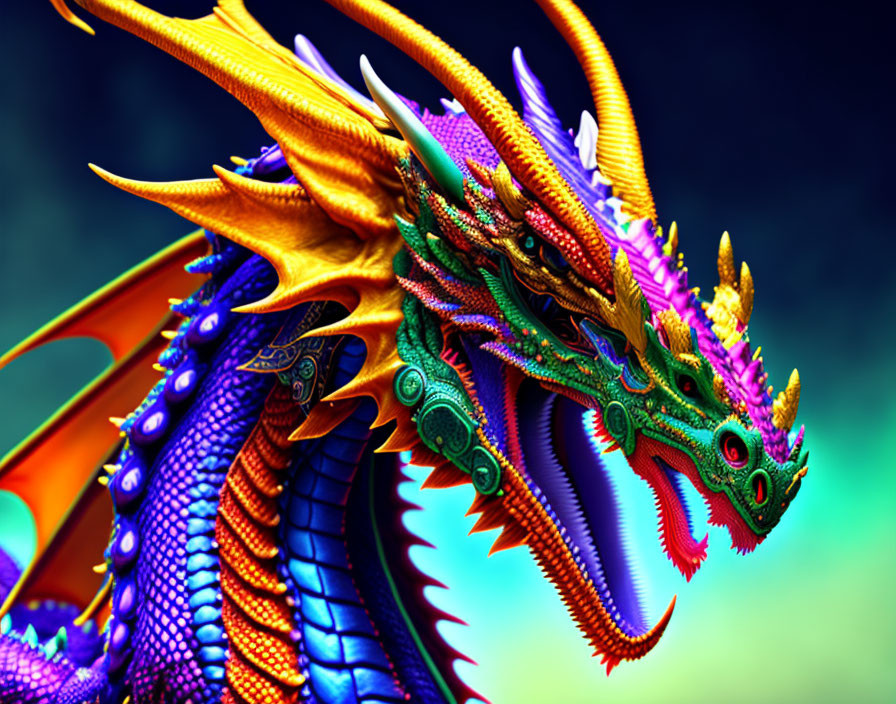 Multicolored dragon with intricate scales on emerald background