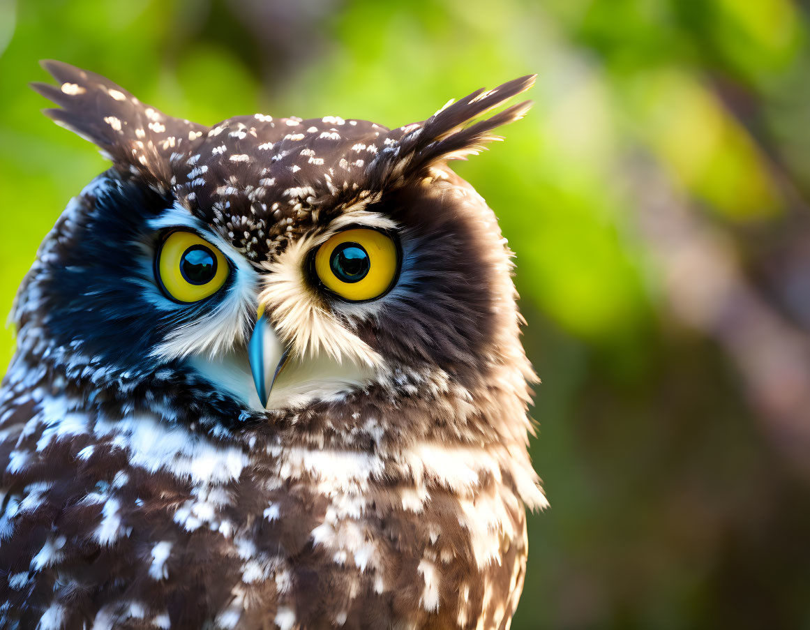 Brown and White Speckled Owl with Yellow Eyes on Green Background