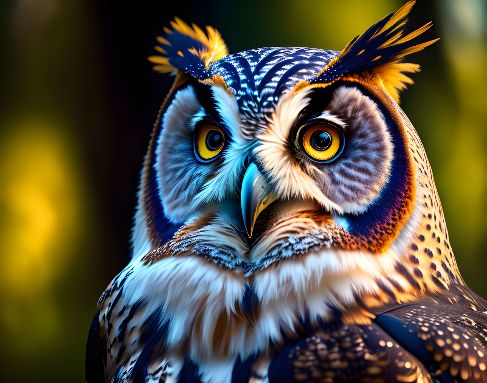 Detailed Close-Up of Owl with Intricate Feathers & Yellow Eyes