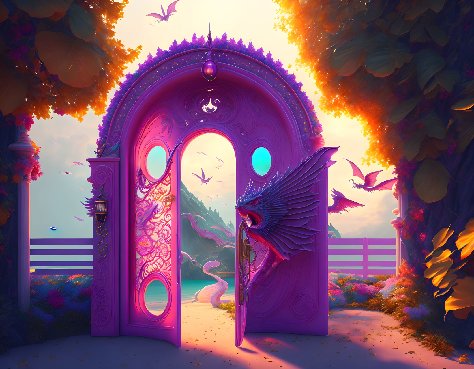 Ornate purple door revealing vibrant landscape with birds, dragon, trees, and mountains at sunset