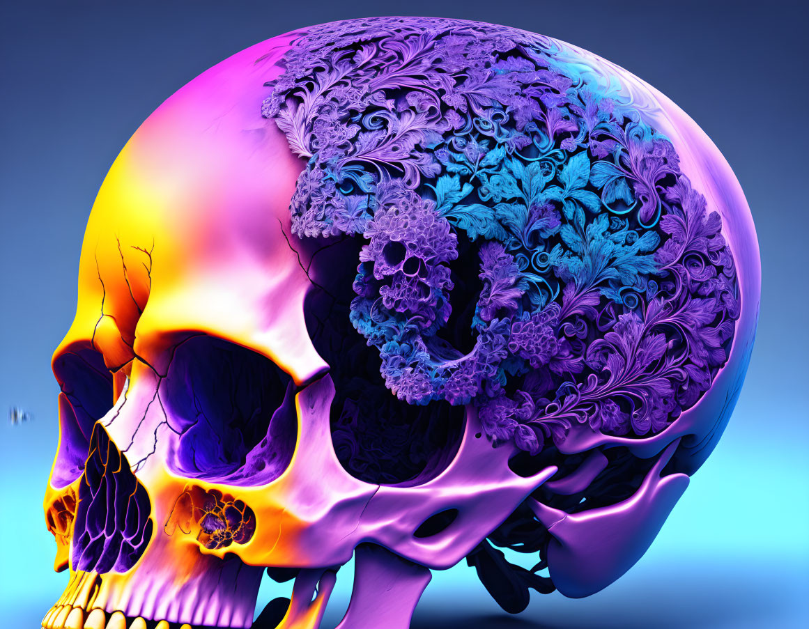 Colorful 3D human skull with floral patterns on blue gradient background