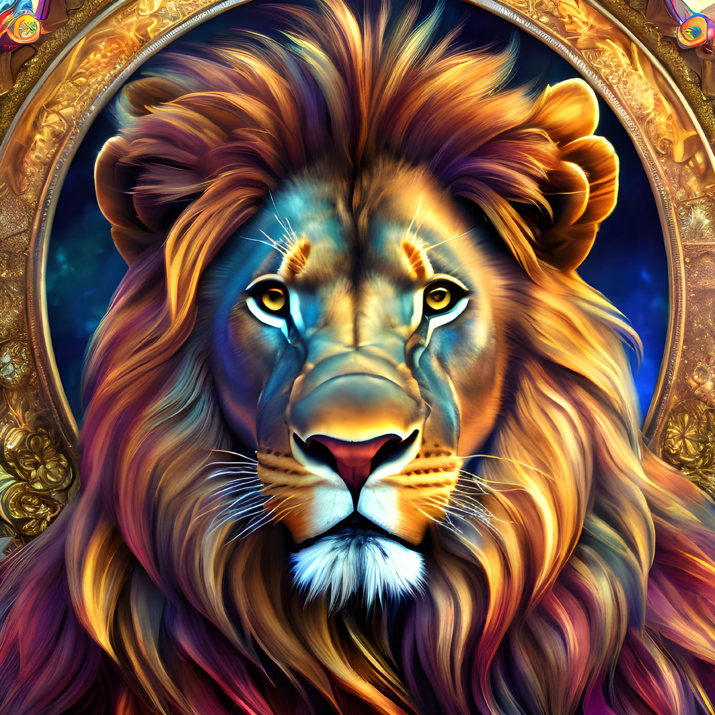 Vibrant lion face digital artwork in golden frame on cosmic background