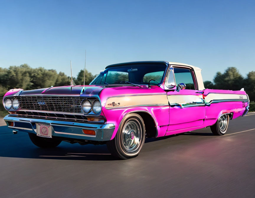 Classic pink and blue pickup truck with chrome details on road