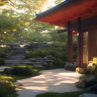 Tranquil Japanese garden at dusk with red pagoda and lanterns