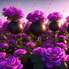 Vibrant Purple and Black Roses in Fantasy Landscape