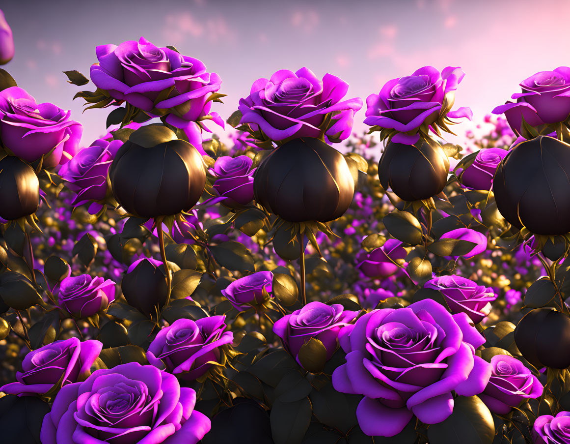 Vibrant Purple and Black Roses in Fantasy Landscape