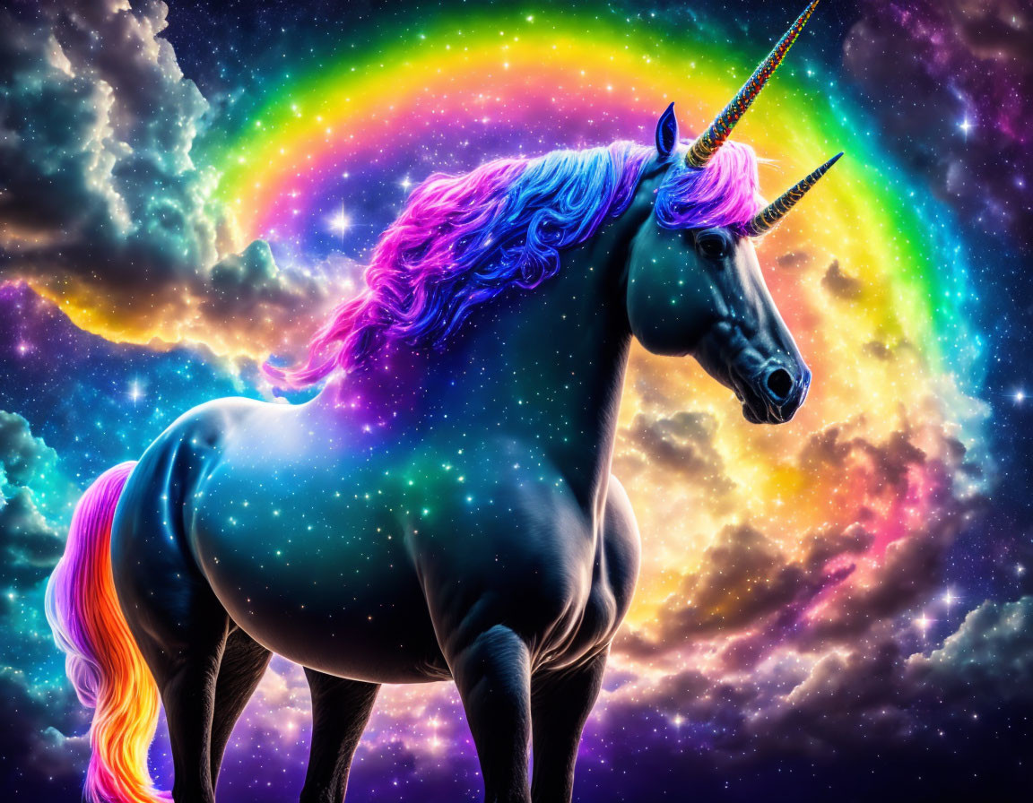 Colorful unicorn digital art with cosmic theme