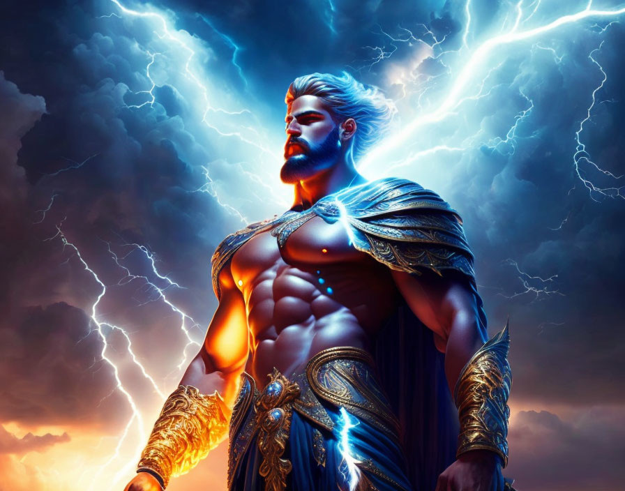 Muscular male figure in golden armor against stormy backdrop