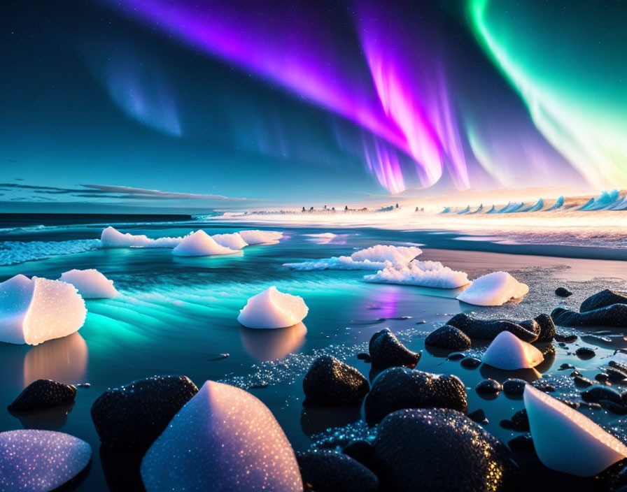 Colorful Aurora Borealis Over Beach with Black Stones