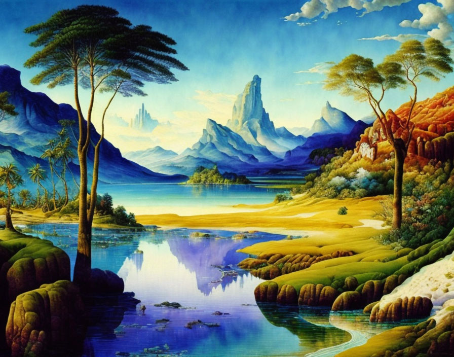 Scenic landscape painting of mountains, lake, forests, and sky