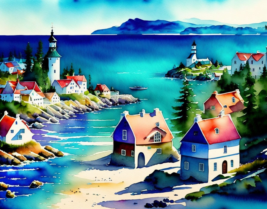 Vibrant coastal village scene with houses, lighthouse, and boats